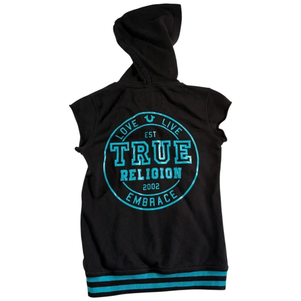 True‎ Religion Lace Up Hoodie Mens Small Black Logo Kangaroo Pockets Sleeveless